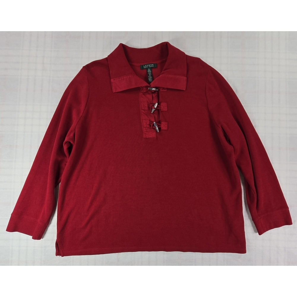 Lauren Ralph Lauren Womens Ribbed Top Toggle Front Collared Red 2X